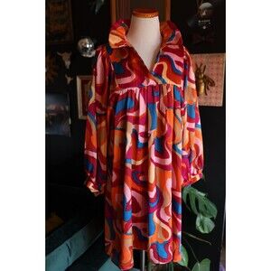 Adrienne Midi Retro Swirl Ruffle Collar Midi Colorful Long Sleeve Dress Small